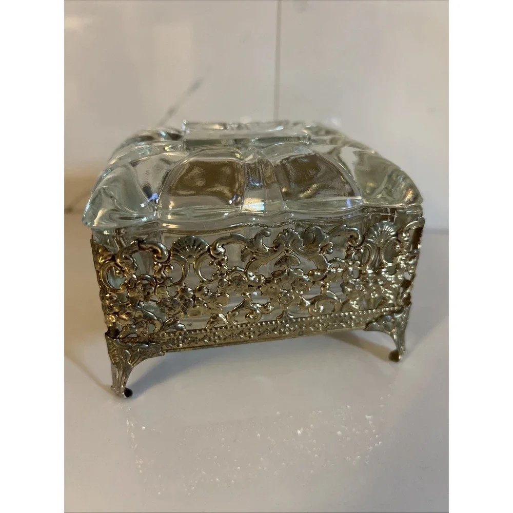 Victorian Style Brass Vanity Trinket Pressed Glass Footed Jewelry Lidded Box